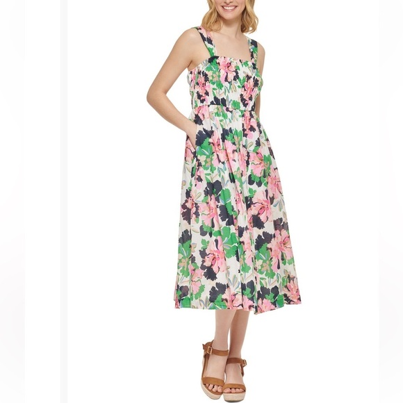 Tommy Hilfiger Isla Floral Smocked Midi Pink and Green Sleeveless Sundress 2 - Picture 1 of 6